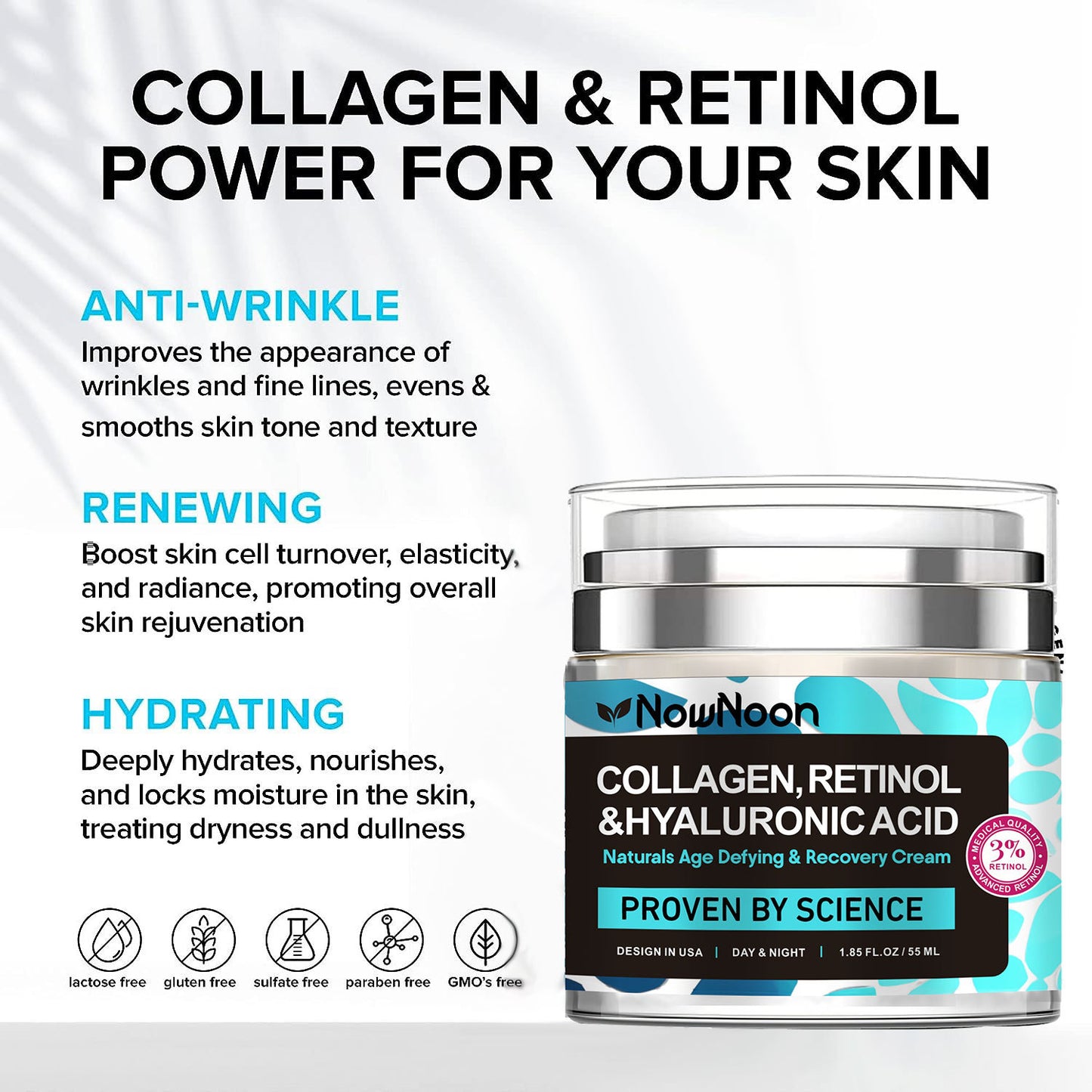 Crema Facial Nownoon con Colágeno, Retinol y Ácido Hialurónico